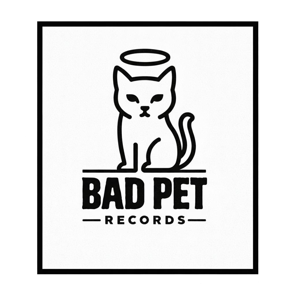 Bad Pet Records logo, a line drawing of a cat with a halo sitting above the words Bad Pet Records