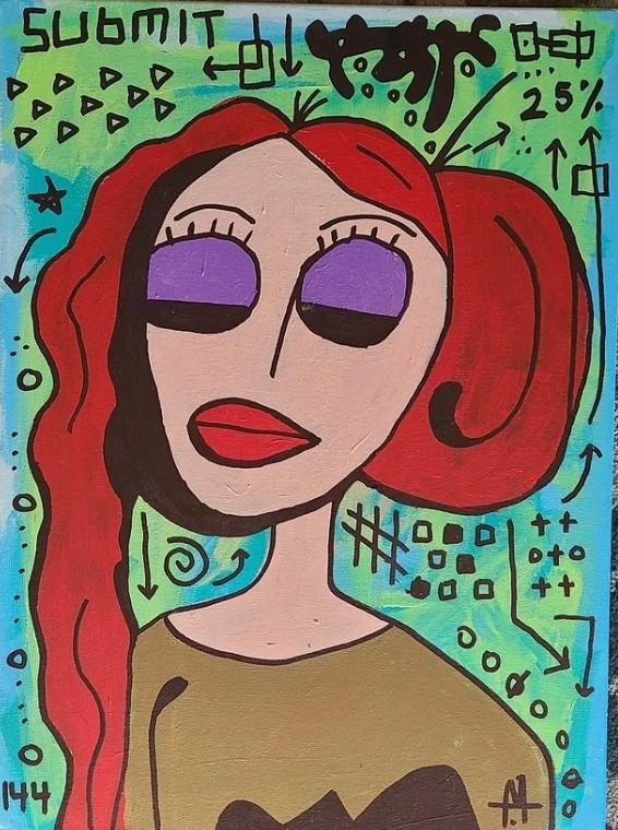 Painting titled Submit: a red haired figure with purple eyeshadow surrounded by scrawled arrows and symbols