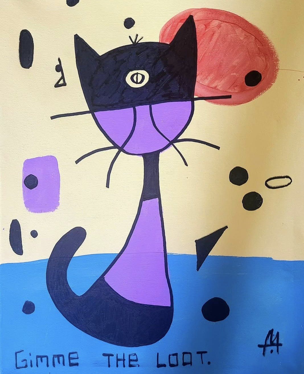 Painting titled Gimme the Loot: a black and purple cat with one large eye sits against a cream and blue background beside a red sun