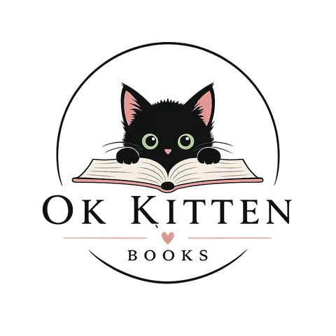 OK Kitten Books logo, an illustrated black kitten resting its paws on an open book