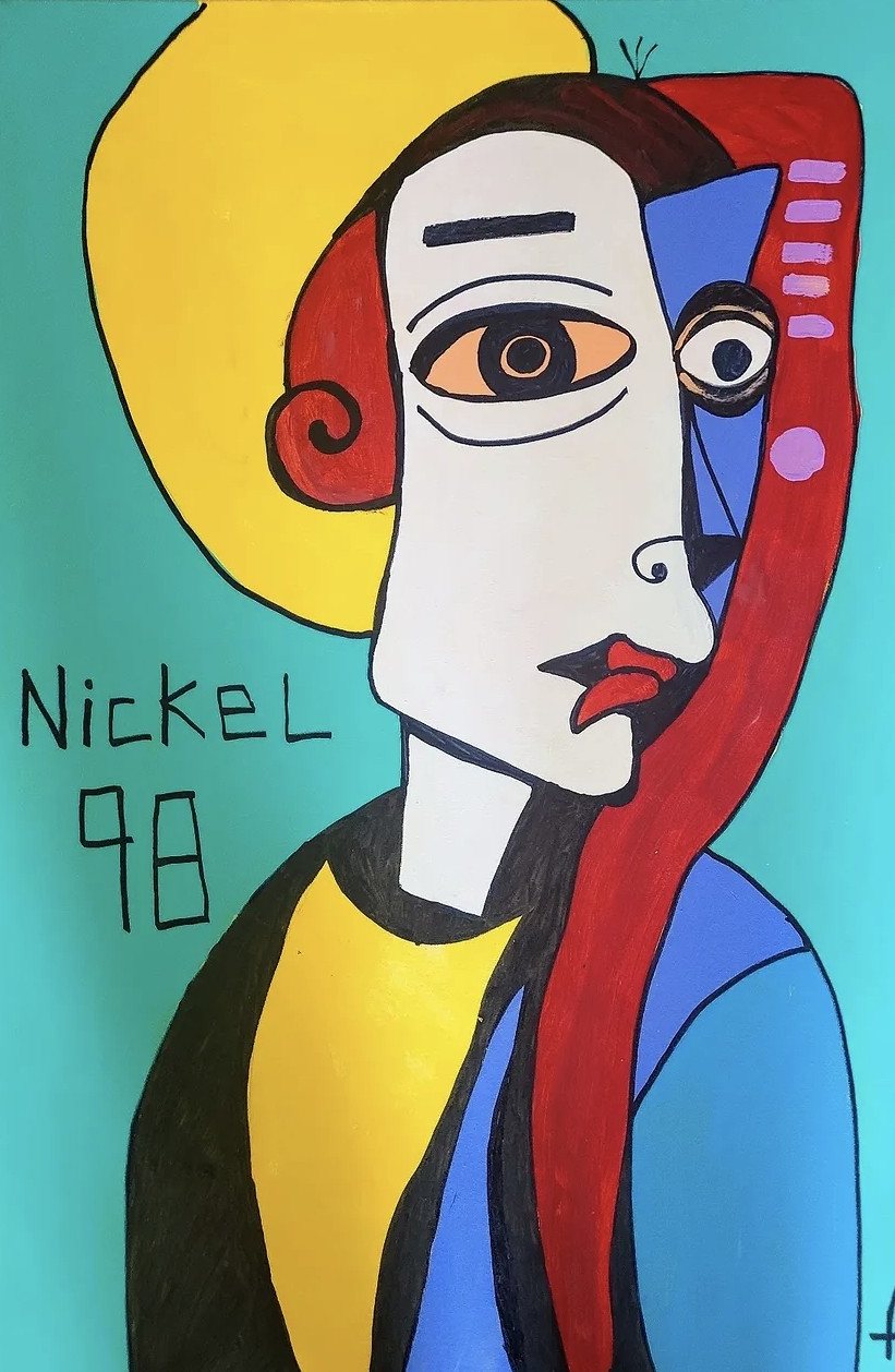 Painting titled Nickel 98: a cubist portrait in yellow, red and blue on a teal background