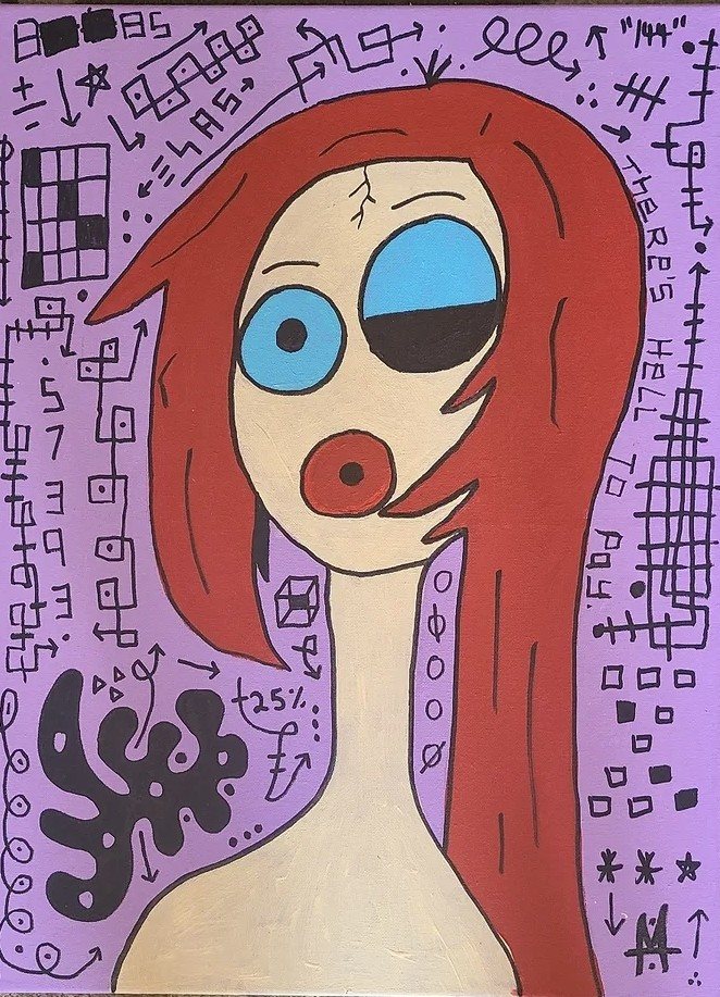 Painting titled There's Hell to Pay: a red haired figure with one blue eye and one covered eye on a purple background filled with scrawled symbols
