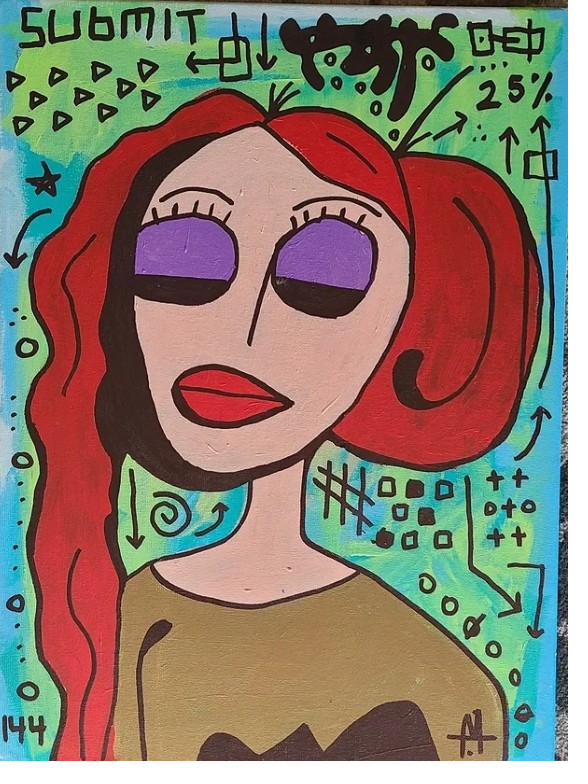 Painting titled Submit, a red haired figure with purple eyeshadow surrounded by scrawled arrows and symbols on a green and blue background