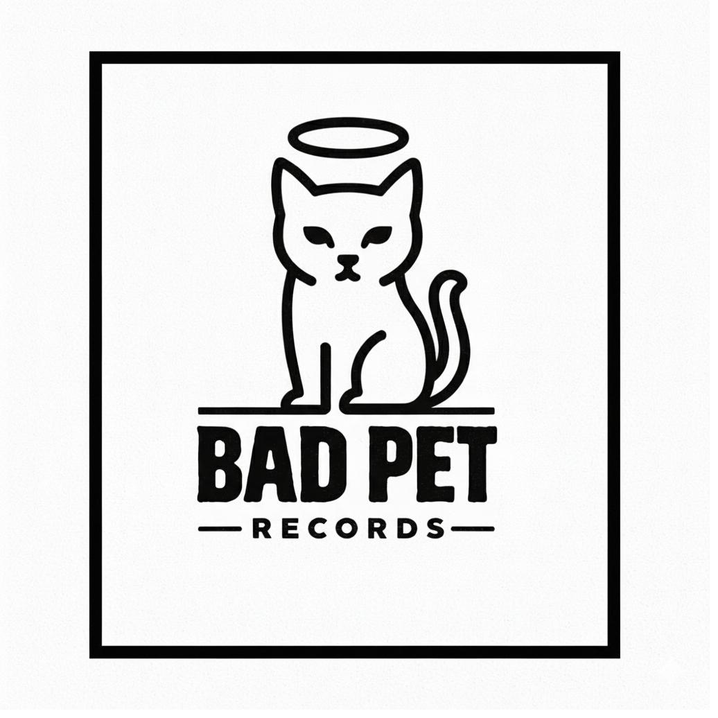 Bad Pet Records logo, a line drawing of a cat with a halo sitting above the words Bad Pet Records